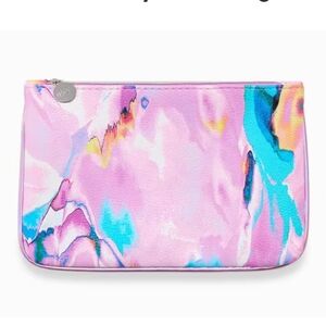 ipsy Pink and Blue Watercolor Wallet/Purse Bag, Faux Leather, Turquoise Satin